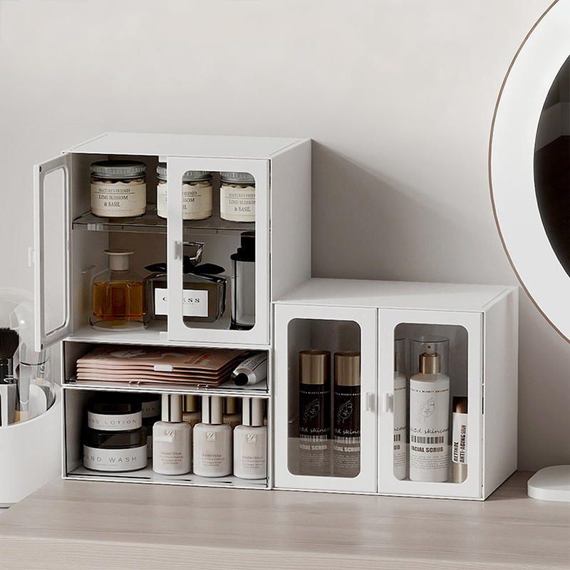 双开门桌面化妆品收纳盒防尘透明