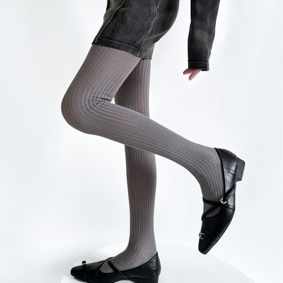 秋冬季miu系竖条纹显瘦打底裤女丝光棉灰色ins穿搭安可拉红连裤袜