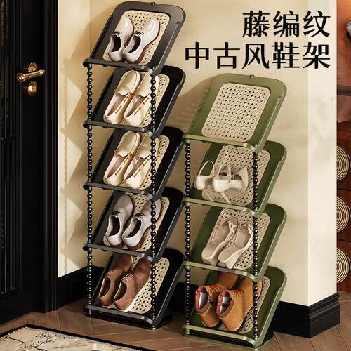 中古风鞋架藤编纹理多层家用门口入户小窄简易客厅鞋柜鞋子收纳架