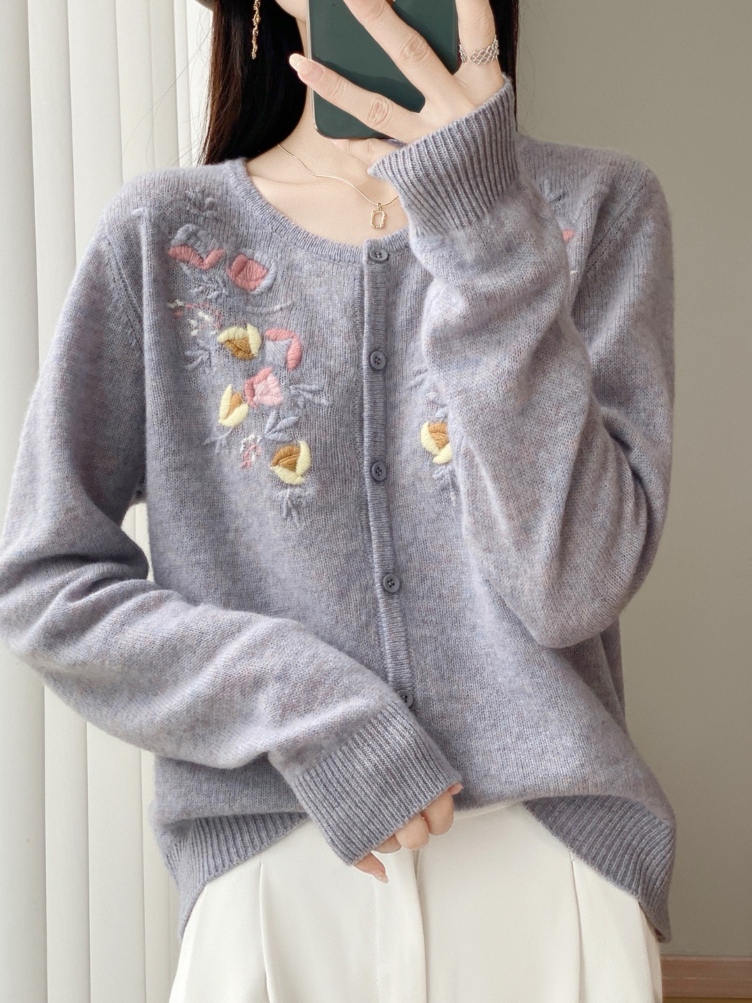 2025春季新款圆领纯羊毛针织开衫女宽松显瘦百搭毛衣外套上衣