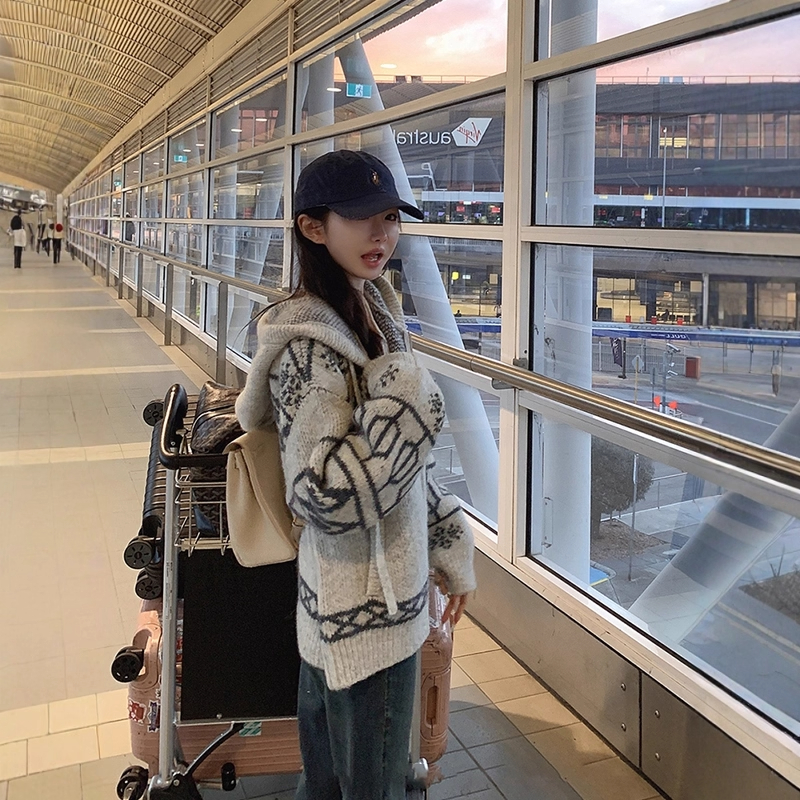 费尔岛提花灰色拉链连帽毛衣外套