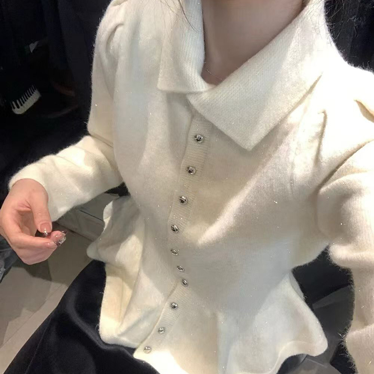 法式小香风荷叶边翻领针织开衫女秋冬新款2025气质收腰软糯毛衣潮