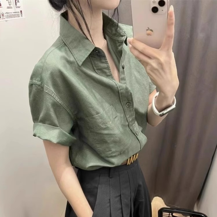 寻果绿色棉麻正肩短袖衬衫女夏季