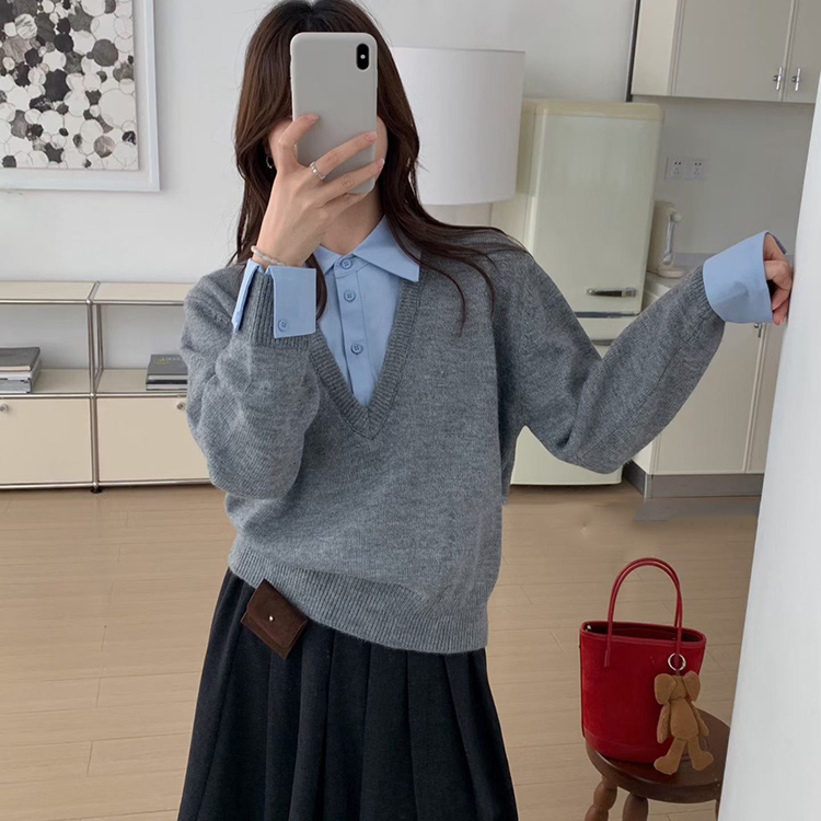 假两件拼接衬衣polo领针织衫女2025秋装新款毛衣显瘦百搭通勤上衣