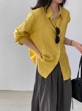 法式优雅黄色Polo领薄款防晒衬衫女夏老钱风小众宽松长袖亚麻衬衣