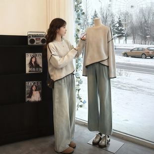 燕麦色不规则下摆针织衫毛衣女2025秋冬季慵懒高级感独特漂亮上衣