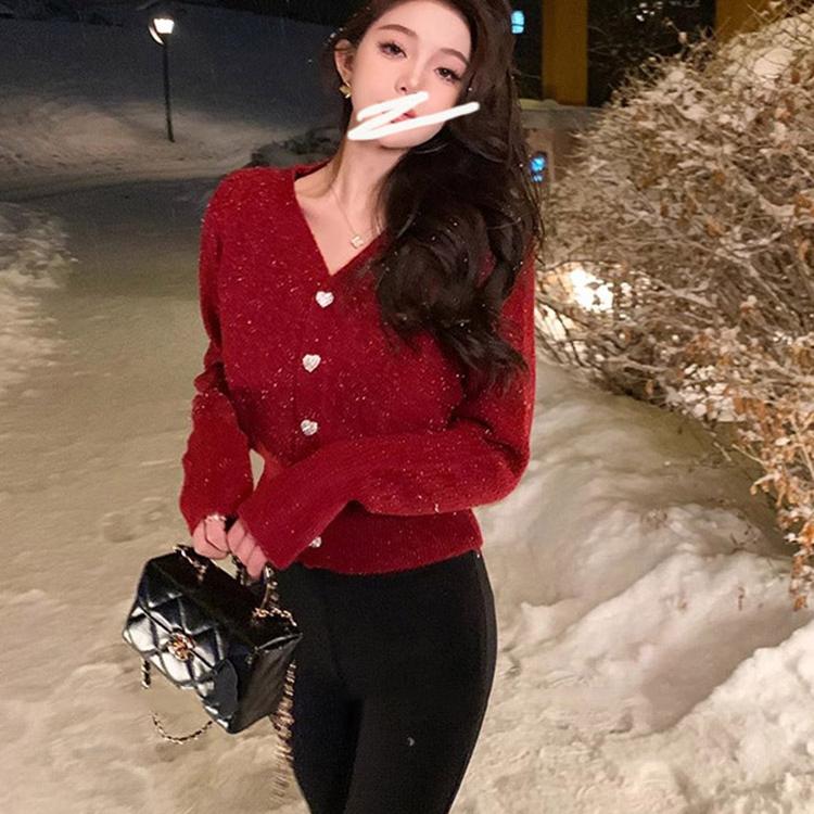 寻果红色小香风法式短款毛针织衫