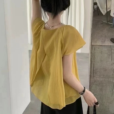 黄色小飞袖短袖衬衫女夏设计感小众气质法式别致漂亮绝美开叉上衣