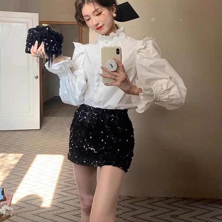 寻果法式宫廷风白色衬衫女木耳边