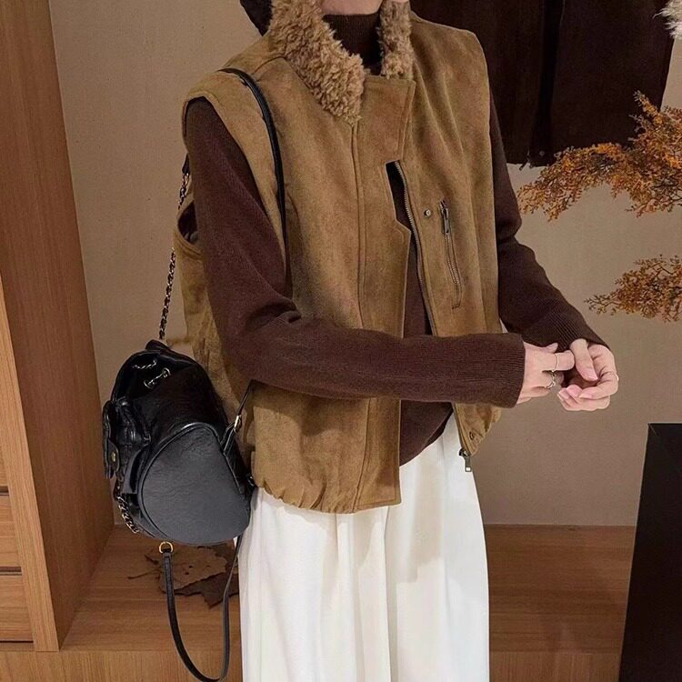 羊羔毛立领加厚麂皮绒外套女2025新款秋冬小个子拉链百搭马甲背心