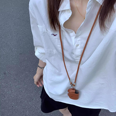 高级感韩版套头长袖衬衫女小标刺绣海鸥简约气质半开扣翻领衬衣秋