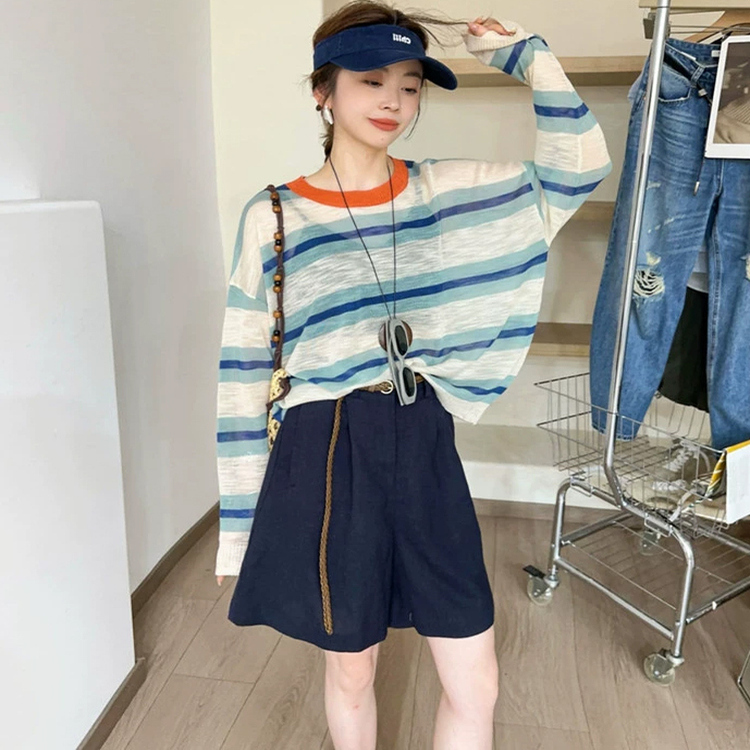 撞色条纹冰丝针织衫女欧洲站2025夏装新款欧货女装慵懒风防晒衣潮