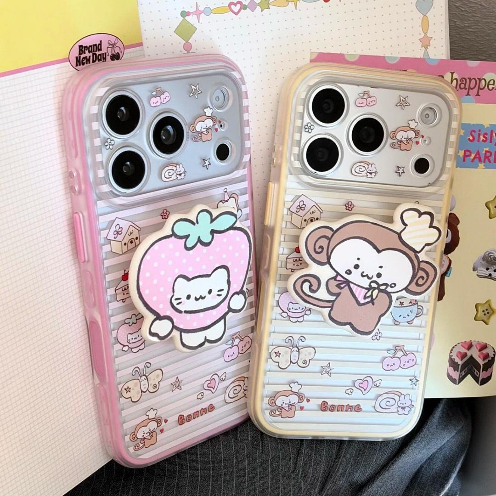 可爱小众ins日韩风条纹猫咪猴子适用苹果18promax手机壳iphone17pro新款16pro男女款15pro全包软边框18保护套