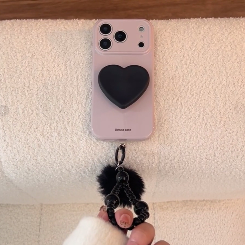 ins风黑色爱心支架适用苹果17promax手机壳iphone16pro新款15男女款14小众个性13全包软壳12防摔甜酷带挂链