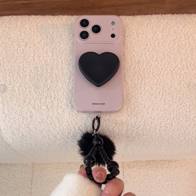 ins风黑色爱心支架适用苹果17promax手机壳iphone16pro新款15男女款14小众个性13全包软壳12防摔甜酷带挂链