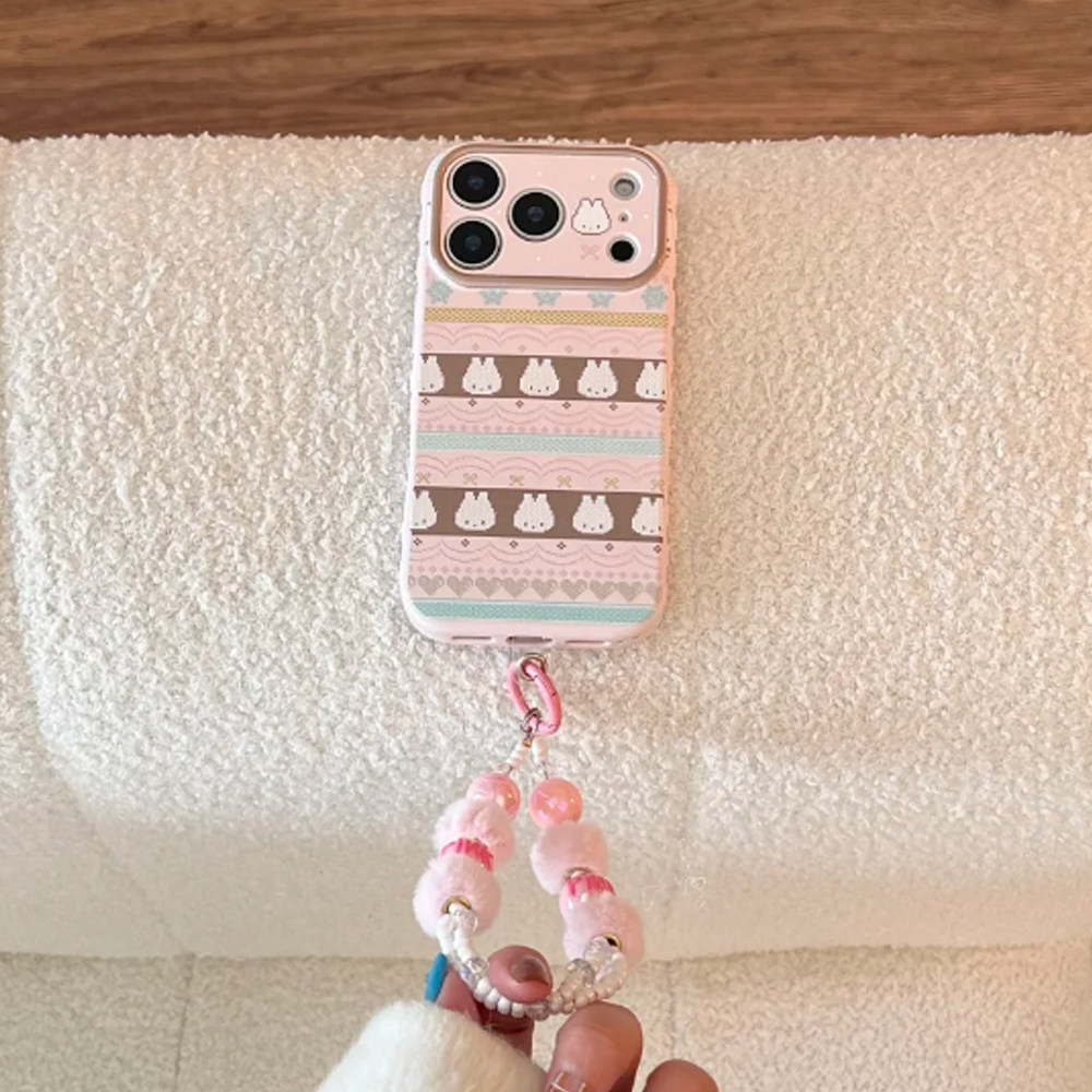 粉色费尔岛卡通小兔子适用苹果17promax手机壳iphone16pro新款15女款14毛绒少女心挂链13防摔12全包软壳17