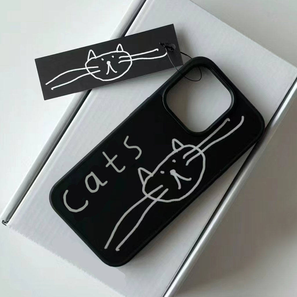 小众ins线条猫咪涂鸦适用iPhone17promax手机壳苹果14pro磨砂黑色13防摔全包磨砂xr保护套xs软16小众韩风男女