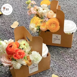 网红咖啡奶茶手提花盒花艺包装盒DIY材料鲜花插花礼物盒牛皮纸盒