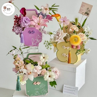日常新款中式插花花盒花艺折叠礼盒鲜花花艺课插花纸盒鲜花花篮