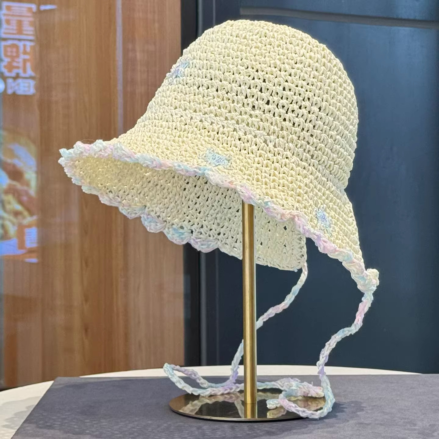 度假风草帽子女花边绑带渔夫帽夏季时尚沙滩海边大檐遮阳防晒帽潮