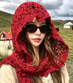 红色镂空钩花女夏薄透气针织帽