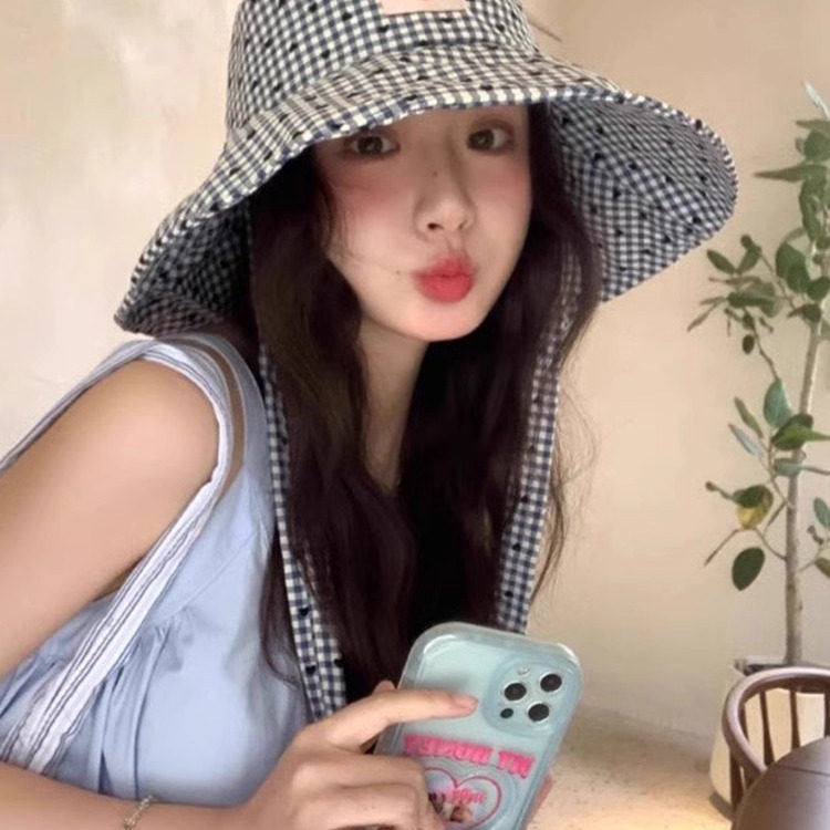 爱心布贴格子渔夫帽子女