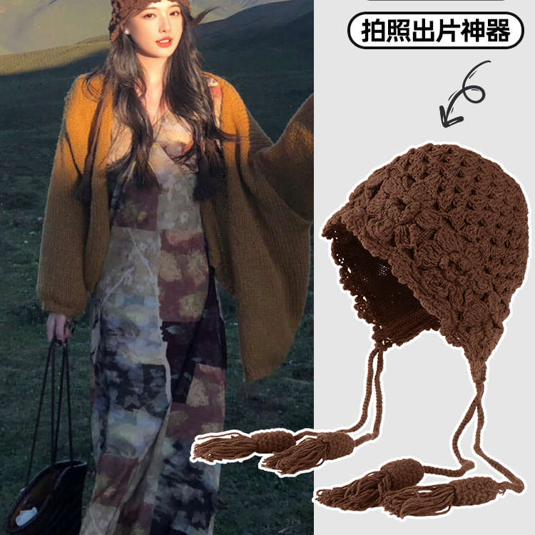秋冬新款包头帽麦穗流苏针织帽女