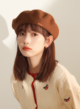 Cailin Kelin日系高端羊毛贝雷帽女秋冬季气质咖啡色蓓蕾帽子百搭