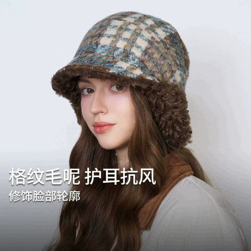 女款日系格纹加绒护耳飞行帽
