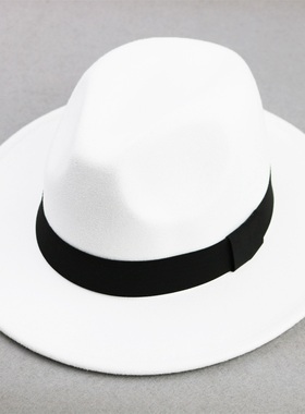 礼帽男女春秋新款呢子大檐礼帽黑色白色英伦复古绅士帽宽檐爵士帽