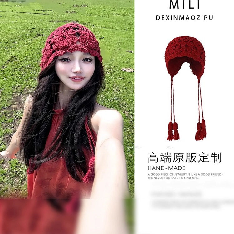 云南大理川西旅游红色包头帽子女夏季拍照氛围感镂空钩花针织帽潮