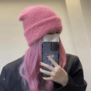 仿兔毛树莓粉针织帽女毛绒帽子秋冬防寒保暖包头帽日系堆堆帽冷帽