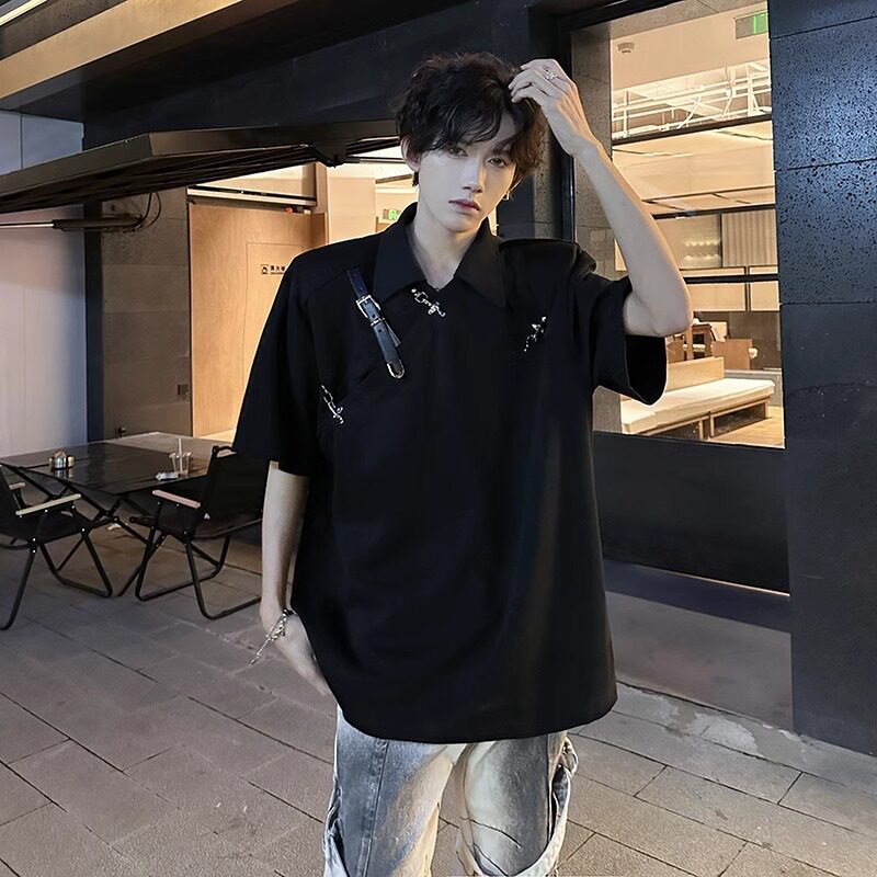 小众解构金属皮带扣设计感男夏季痞帅高街美式翻领短袖T恤