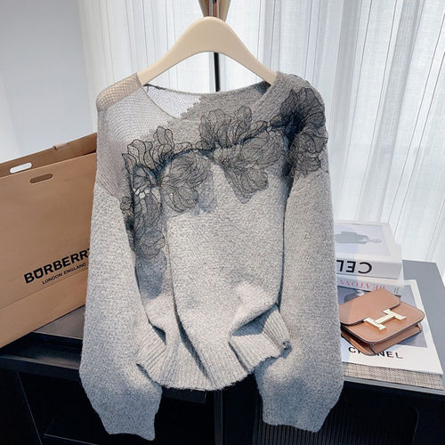Autumn Winter Lace Flowers Elegant Pullover Women's Sweater