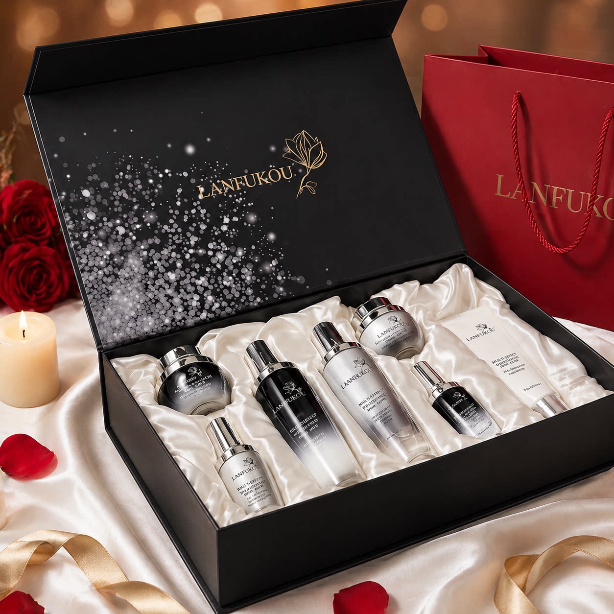 法国LANFUKOU小黑瓶护肤品套装补水保湿皱纹水乳化妆品正品全套