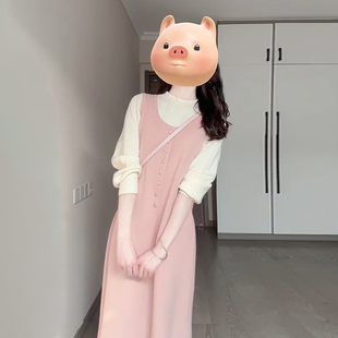 开春韩系穿搭粉色甜美背心连衣裙子女春季2025新款针织长裙两件套