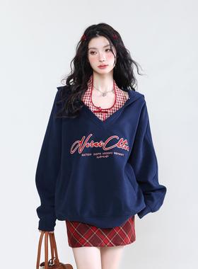 AONW美式复古两件套挂脖连帽卫衣女宽松外套长袖百搭上衣