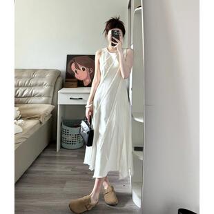 法式掐腰连衣裙长裙夏季穿搭小个子白色圆领背心重工收腰气质裙子