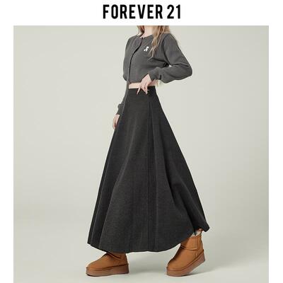 Forever21高级感深灰色A字大摆毛呢长裙女秋冬高腰垂感半身伞裙子
