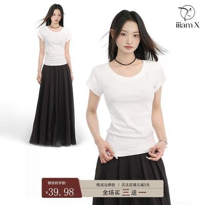 iiiamX白色正肩圆领短袖t恤女2025夏季新款修身内搭打底纯棉上衣
