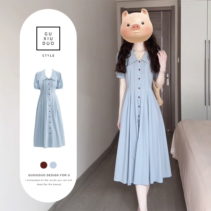 夏季女装微胖风情万种简约浅色系穿搭知识分子遮手臂法式连衣裙子