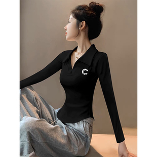 黑色修身polo小衫纯棉短款打底衫女欧货2024秋季新款长袖T恤上衣
