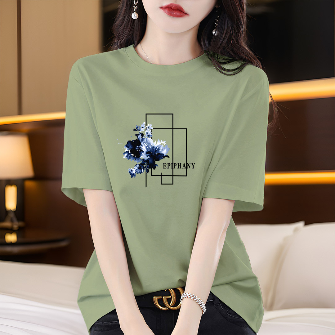 100%纯棉韩系印花短袖t恤女2025夏季新款时尚宽松显瘦慵懒风上衣