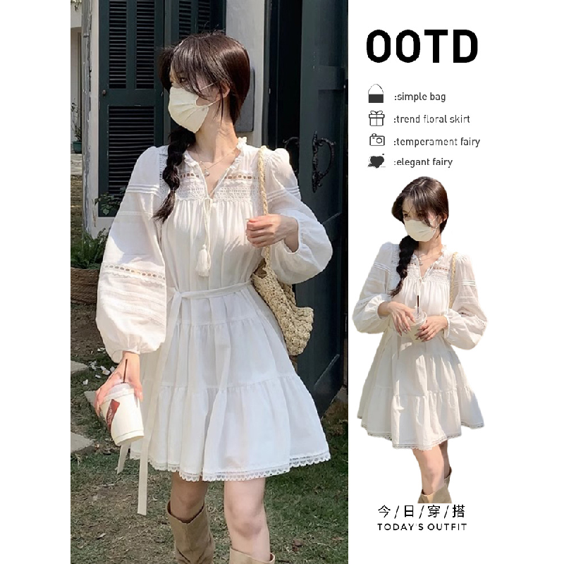 法式气质白色长袖衬衫连衣裙子女夏季2024新款早秋装旅游穿搭短裙