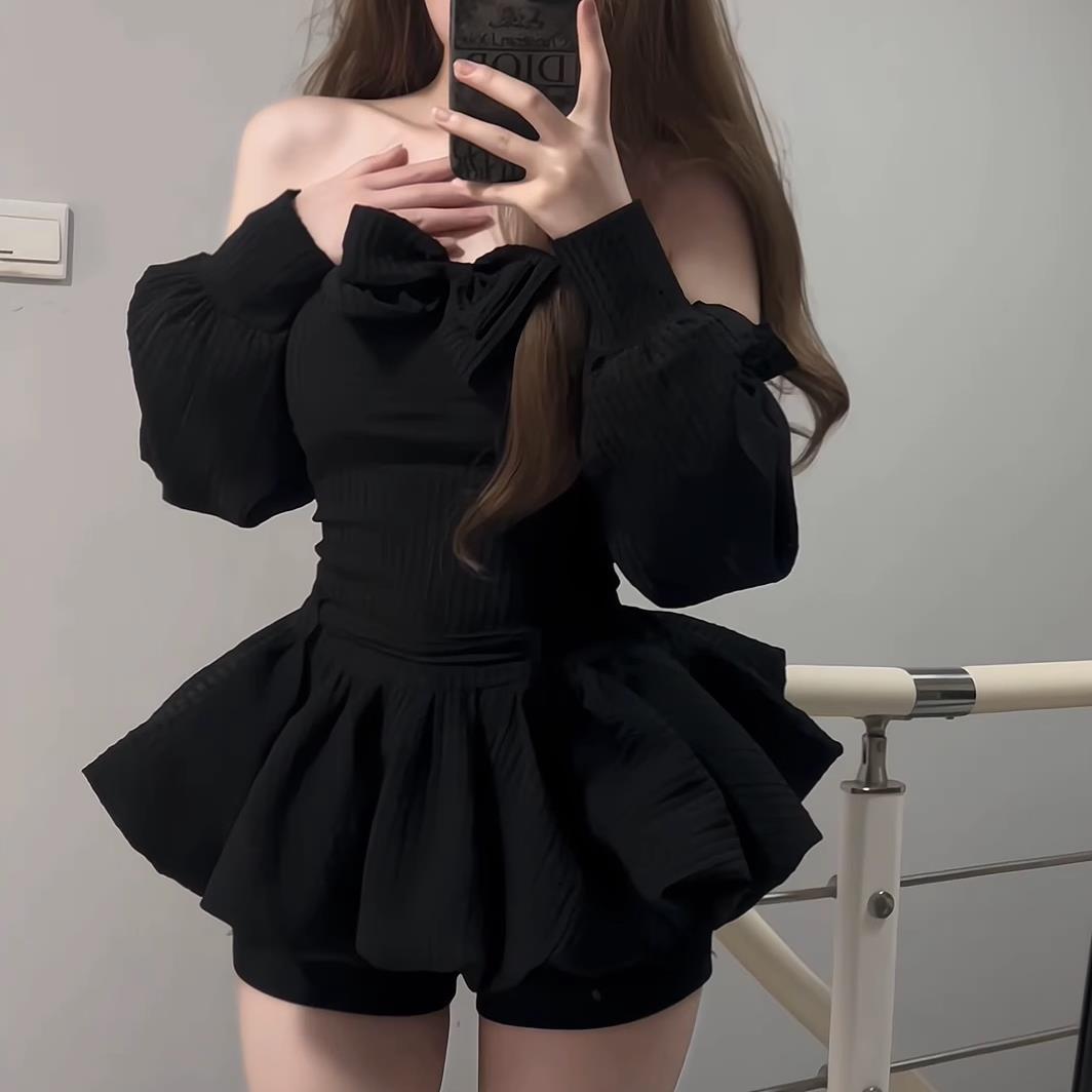 iqcq气球熊早春外套辣妹套装抹胸连衣裙女收腰一字肩黑色蓬蓬裙子图片