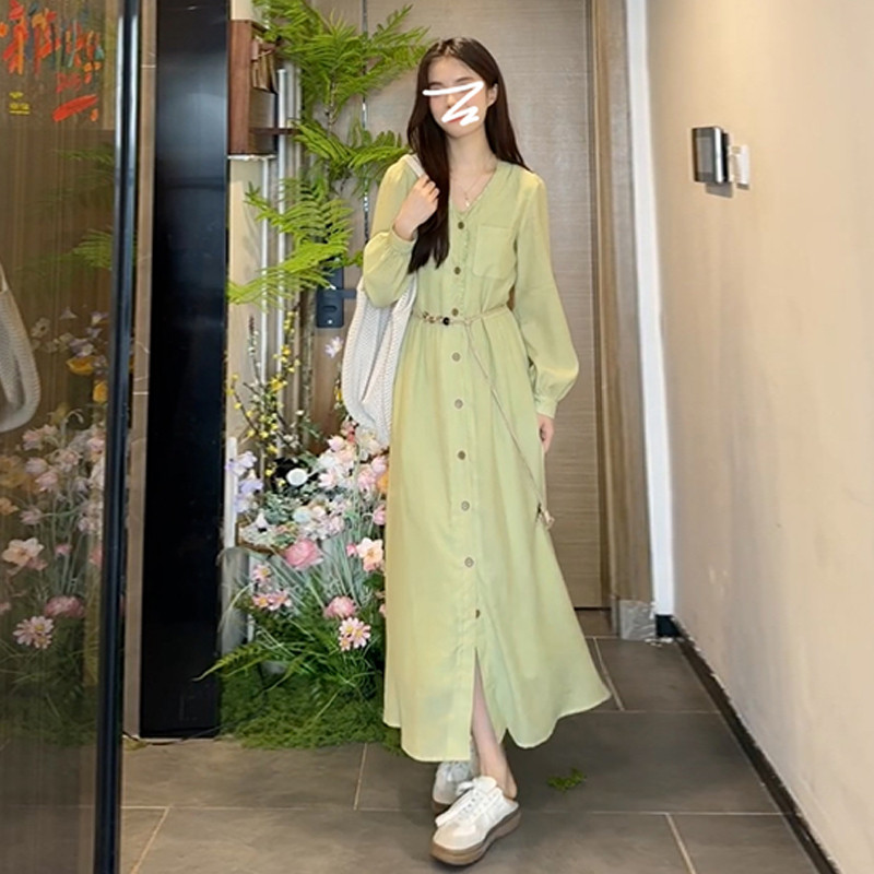 法式绿色长袖衬衫连衣裙子女春季2025新款高级感气质收腰显瘦长裙