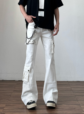 白色绑带微喇牛仔裤男cleanfit美式高街vibe喇叭修身工装裤子冬季