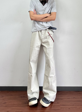 qt studio白色微喇牛仔裤男女潮牌美式复古宽松休闲裤子长裤秋季