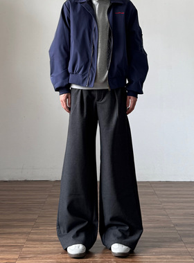 灰色褶皱毛呢微喇西裤男老钱风垂坠感高级感直筒宽松阔腿裤子秋冬