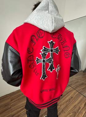 秋冬PU皮拼接红色棒球服外套男美式高街十字架刺绣毛呢立领夹克女